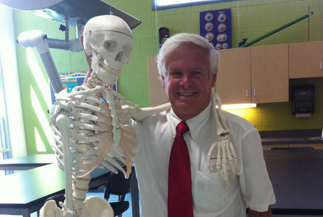 Hanging out with a skeleton at Col. Smith Middle School